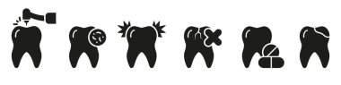 Diş Prosedürü Siluet Simgesi Ayarlandı. Ortodontik Bakım, Caries Glyph Pictogram 'lı Diş. Diş tedavisi somut bir işaret. Diş delme, kırık dişler. Dişçi Sembolü. İzole Vektör İllüstrasyonu.