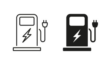 Araç Araç Hattı ve Siluet Simgesi için Elektrik İstasyonu. Elektriksel Güç Otomatik Sembolleri için şarj aleti. Yeşil Enerji Otomobili şarj istasyonu. İzole Vektör İllüstrasyonu.