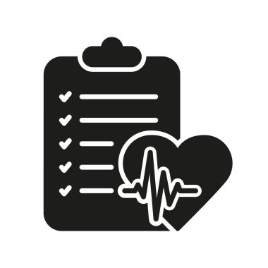 Kardiyoloji Teşhis Belgesi. Teşhis Raporu Siluet Simgesi. Hasta Tıbbi Kayıtları Glyph Pictogram. Pano Simgesindeki Sağlık Bilgileri. Tıbbi Kontrol Listesi. İzole Vektör İllüstrasyonu.