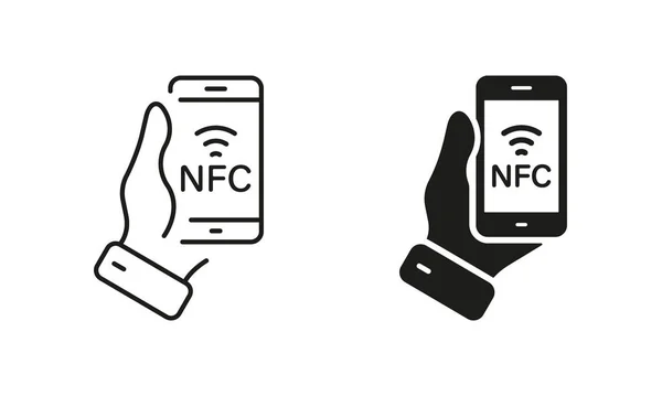 Mobil Telefon Hattı 'ndaki NFC Teknolojisi ve Siluet Simgesi Ayarları. Piktogram için El Tutuşu Akıllı Telefon Temassız Ödeme. Beyaz Arkaplanda Dalga Sembol Koleksiyonunu Öde. İzole Vektör İllüstrasyonu.