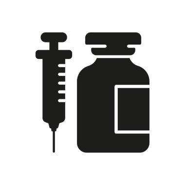 Tıbbi Şırınga ve Cam Şişe Silueti Simgesi. Grip Aşı Sembolü. İlaç Enjeksiyonu, Enjeksiyon Tedavi Glyph Pictogram. Vial Icon 'da insülin tozu. İzole Vektör İllüstrasyonu.