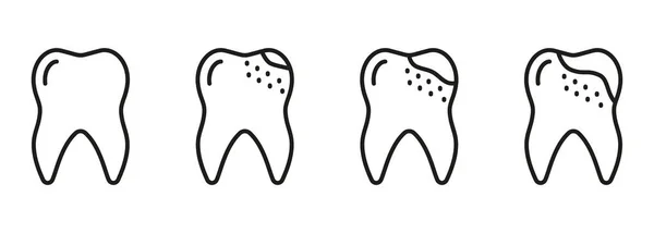 Dental Caries Process Line Icon Set Dentes Ortodônticos Problema Fases — Vetor de Stock