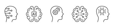 Akıllı Teknoloji Lineer Pictogram. Dijital Bilim ve İnsan Başı Siyah Çizgi Simgesi Ayarlandı. Beyin Fırtınası, Siber Eğitim Sembolü. Düzenlenebilir Vuruş. İzole Vektör İllüstrasyonu.