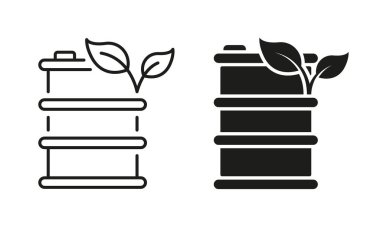 Doğal Eko Yağ Hattı ve Siluet Simgesi olan fıçı. Ekolojik Organik Enerji Piktogramlı Metal Tank. Beyaz Arkaplanda Biyolojik Enerji Sembol Koleksiyonu Galonu. İzole Vektör İllüstrasyonu.