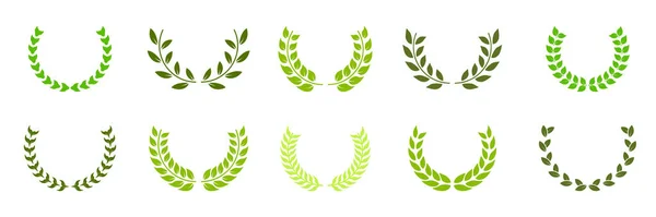 Laurel Çelenk Ödülü Yeşil Siluet Simgesi Seti. Kazanan Pictogram için Konoha Zafer Amblemi olan Çember Şubesi. Vintage Şampiyon Ödülü Sembolü. Çelenk Laurel, Olive Leaves. İzole Vektör İllüstrasyonu.