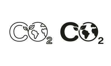 Globe ve Leaf Line ve Silhouette Icon Set ile CO2 işareti. Azaltma Emisyonu. Beyaz Arkaplanda Dünya 'daki Karbon Kirliliği Sembolleri. Sürdürülebilirlik İklimi. İzole Vektör İllüstrasyonu.