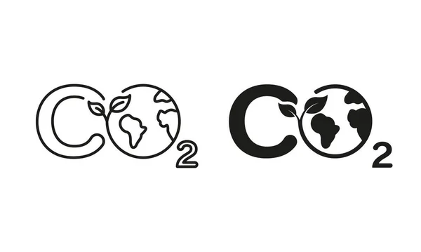 Co2 Sign Globe Leaf Line Silhouette Icon Set Зменшення Викидів — стоковий вектор