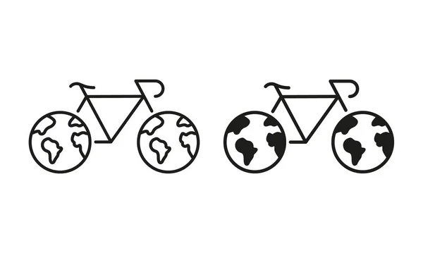 Vélo Avec Roues Forme Terre Planète Ligne Silhouette Icône Set — Image vectorielle