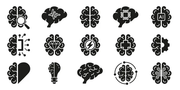 Human Brain Black Silhouette Icon Set Concept Brainstorm Artificial Intelligence — Stock Vector