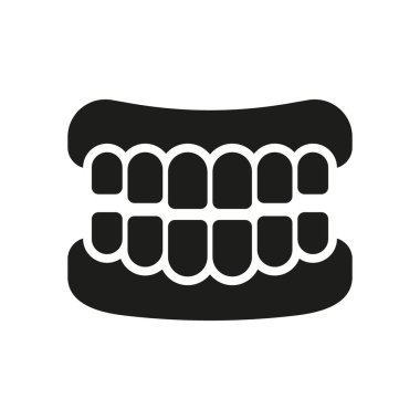 Diş Silueti Simgesi ile İnsan Çene Anatomisi. Takma Diş, Diş Protezi Piktogram. Sağlıklı bir gülümseme, ağız temizliği. Dişçi Sembolü. Diş tedavisi işareti var. İzole Vektör İllüstrasyonu.