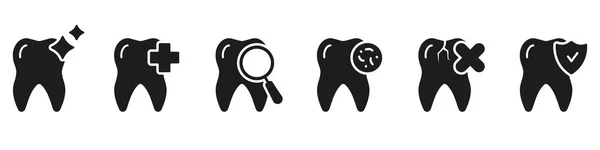 Zahnschutz Silhouette Icon Set Vorhanden Untersuchung Der Zahngesundheit Und Diagnostisches — Stockvektor