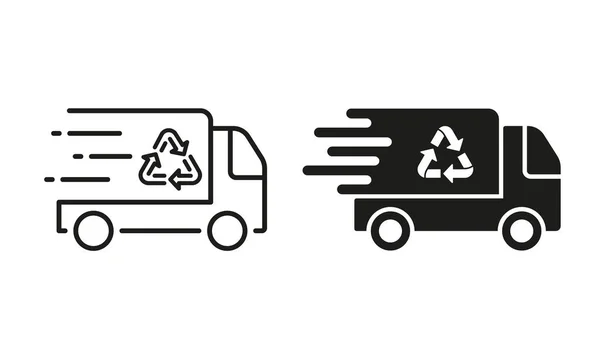 Fast Garbage Truck Recycle Line Silhouette Icon Set Vehicle Transport —  Vetores de Stock