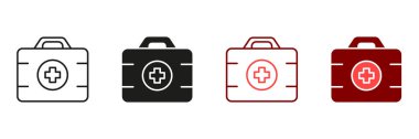 İlaç Aletleri Kutusu Siyah ve Renkli İşaret Koleksiyonu. İlaç Yardım Bavulu Sembolü. İlk Yardım Kiti Hattı ve Siluet Simgesi Ayarları. Doktor Acil Tıbbi Durum Piktogramı. İzole Vektör İllüstrasyonu.