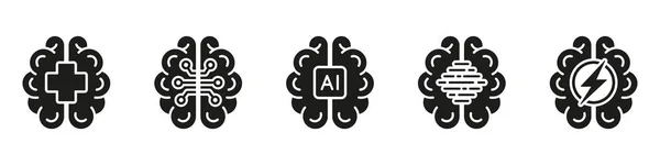 人脑黑固体图标 Ai概念 神经科学 数字技术轮廓象形文字集 白色背景上的人工智能符号 孤立的病媒图解 — 图库矢量图片