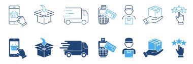 Satın Alma Kılavuzu Mavi Pictogram Seti. Teslimat Süreci Siluet ve Satır Simgelerinin Aşamaları. Cep telefonu siparişi, paket nakliyesi, ödeme, not simgesi. Düzenlenebilir Vuruş. İzole Vektör İllüstrasyonu.