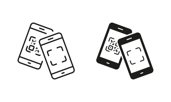Scan Code Smartphone Line Silhouette Icon Set Betalingsscanner Mobiele Telefoon — Stockvector