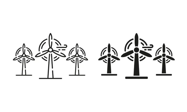 Набор Икон Windmill Line Silhouette Эко Возобновляемые Источники Энергии Энергия — стоковый вектор