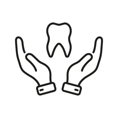 Diş Hattının Simgesi. Diş Hekimliği Sembolü. Diş tedavisi için. Diş ve İnsan Eli Dişçi Destek Konsepti. Stomatoloji Koruma Doğrusal Pictogram. Düzenlenebilir Vuruş. İzole Vektör İllüstrasyonu.