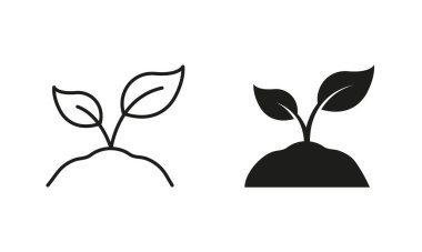 Eco Natural Seed, Agriculture Line and Silhouette Icon Set. Organic Growth Leaf on Soil. Eco Friendly Farm Symbol Collection. Sprout of Plant in Ecology Garden. Isolated Vector Illustration.