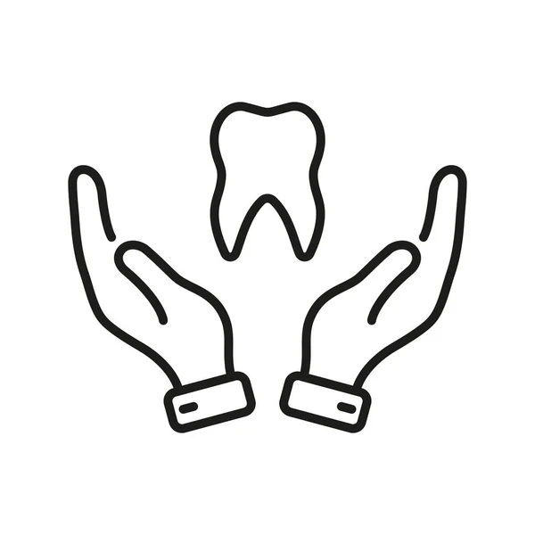 歯のケアラインアイコン 歯の概要シンボル 歯科治療 歯と人間の手歯科医のサポートコンセプト ストーモロジー保護リニアピクトグラム 編集可能なストローク 絶縁ベクトルイラスト — ストックベクタ