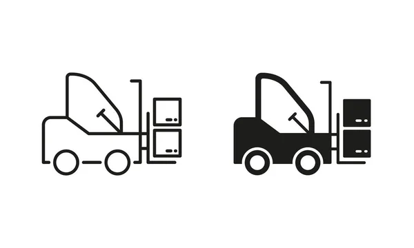 Forklift Truck Silhouette Line Icon Set Empilhadeira Pictograma Armazém Ícone — Vetor de Stock