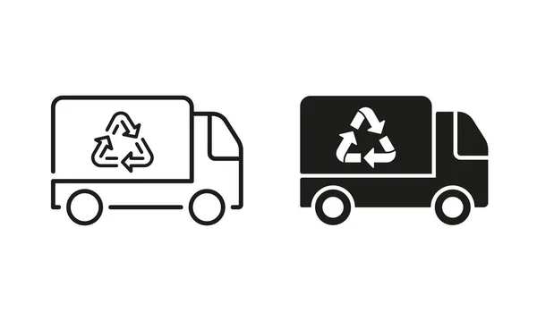 汽车垃圾车用于运输生态废品线和轮廓图标集 带有回收标志的垃圾车 白色背景垃圾符号收集卡车 孤立的病媒图解 — 图库矢量图片