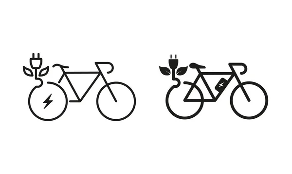 Ecología Bicicleta Energía Eléctrica Con Plug Leaf Line Silhouette Icon — Vector de stock