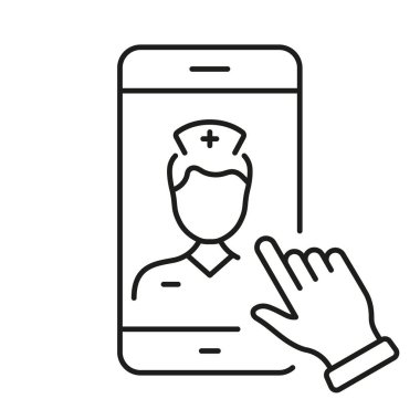 Physician Online Consultation. Remote Virtual Doctor Man Pictogram. Medicals Service in Smartphone Line Icon. Healthcare in Mobile Phone Outline Symbol. Editable Stroke. Isolated Vector Illustration.