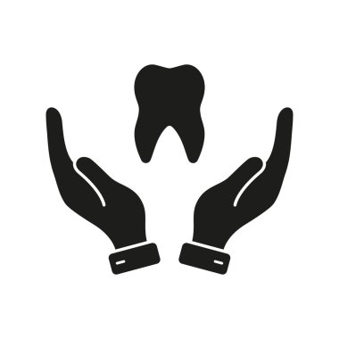 Diş tedavisi somut bir işaret. Dişçi Sembolü. Diş Bakımı Silueti Simgesi. Stomatoloji Koruma Grafiği. Diş ve İnsan Eli Dişçi Destek Konsepti. İzole Vektör İllüstrasyonu.