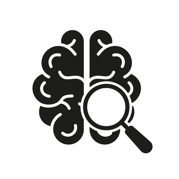 Människans Sinne Forskning Fasta Piktogram Hjärna Med Förstoringsglas Svart Siluett — Stock vektor