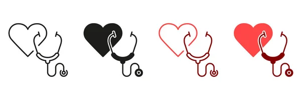 Stethoscope Line Και Silhouette Icon Set Εργαλείο Διάγνωσης Καρδιακών Παθήσεων — Διανυσματικό Αρχείο