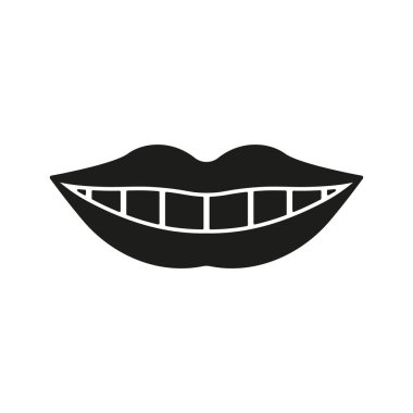 Sağlıklı İnsan Gülümsemesi Siluet Simgesi. Güzellik Dudakları ve Beyaz Diş. Oral Bakım Glyph Pictogram. Dişli ağız. Diş tedavisi somut bir işaret. Dişçi Sembolü. İzole Vektör İllüstrasyonu.