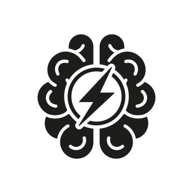 Stres, Akıl Hastalığı Katı Simge. Depresyon, Migraine Silhouette Pictogram. İmdat İşareti. Yıldırım Baş Ağrısı Sembollü İnsan Beyni. İzole Vektör İllüstrasyonu.