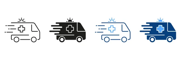 Ambulance Line Silhouette Icon Set Naléhavá Lékařská Pomoc Pohotovostní Vůz — Stockový vektor