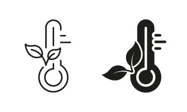 Eko Sıcaklık Ölçüm Aletleri Hattı ve Siluet Simgesi Ayarları. Celsius 'taki Termometre Aracı ya da Beyaz Arkaplanda Yaprak Sembol Koleksiyonu ile Fahrenheit. İzole Vektör İllüstrasyonu.