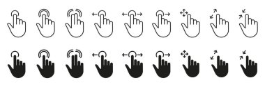 Computer Cursor, Pointer Icon Set. Hand with Finger Digital Mouse Click Line and Silhouette Sign. Website and App Interface, Press, Tap, Link, Choice Button Symbol. Isolated Vector Illustration.