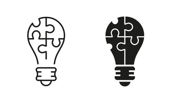 Lampadina Con Jigsaw Puzzle Idea Line Silhouette Icon Set Innovazione — Vettoriale Stock