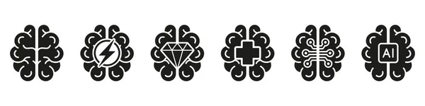 人脑人工智能概念黑色轮廓图标集 人的头脑 头脑风暴 强调白色背景下坚实的象征 人工智能象形文字符号 孤立的病媒图解 — 图库矢量图片
