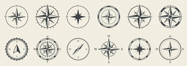 Compass Equipment Navigation Silhouette Icon Set Retro Rose Wind Glyph — ストックベクタ