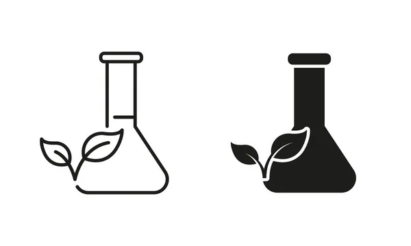 Flask Leaf Line Silhouette Icon Set Біологічний Експеримент Підготовка Хімічного — стоковий вектор