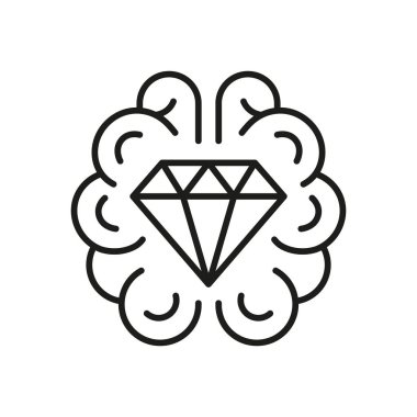 Elmas Kara Hat Simgesi olan İnsan Beyni. Dahi Doğrusal Pictogram. Yaratıcı Akıllı Fikir, Beyaz Arkaplanda Zihin Simgesi Mücevherleri. Düzenlenebilir Vuruş. İzole Vektör İllüstrasyonu.