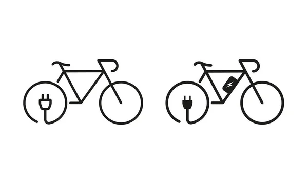 グリーンエネルギーバイクラインとシルエットアイコンセット 生態電気自転車 白を背景に充電プラグシンボルコレクションと電動パワーエコバイク 絶縁ベクトルイラスト — ストックベクタ