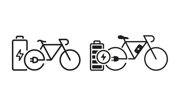 Vélo Avec Eco Renewable Accumulator Line Silhouette Icon Set Bicyclette — Image vectorielle