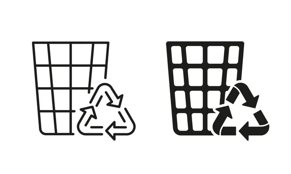 垃圾线和轮廓图标集的生态垃圾箱 生态垃圾箱回收利用 白色背景的循环网格篮子符号集合 重复使用货柜标志 孤立的病媒图解 — 图库矢量图片