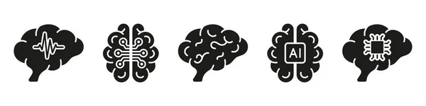 技术科学 头脑风暴 知识黑色固体图标 人脑和人工智能轮廓象形文字集 白色背景上的人工智能符号 孤立的病媒图解 — 图库矢量图片