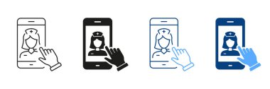 Mobile Phone Siyah ve Renkli Sembol Koleksiyonunda Sağlık Hizmetleri. Uzaktan Doktor, Çevrimiçi Danışmanlık Pictogram. Akıllı Telefon Hattı ve Siluet Simgesi Seti 'nde tıbbi servis. İzole Vektör İllüstrasyonu.