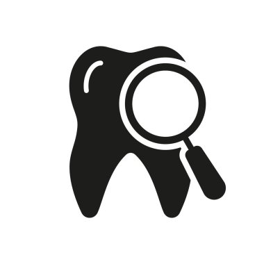 Diş Hekimi, Siluet Simgesi. Diş Sağlığı Testi. Glyph Pictogram. Diş Hekimi için Dişçiler Büyüteç. Diş tedavisi işareti var. Dişçi Sembolü. İzole Vektör İllüstrasyonu.