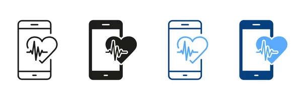 Tecnología Sanitaria Colección Símbolos Negros Color Frecuencia Cardíaca Línea Teléfono — Vector de stock