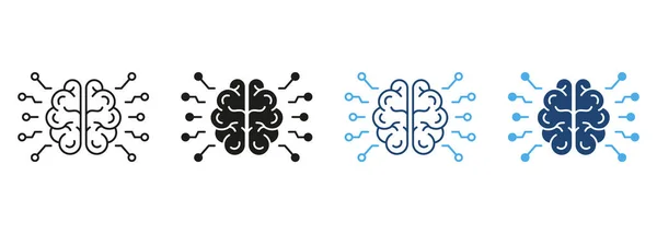 人工智能线和轮廓彩色图标集 人脑和网络技术概念象形文字 Ai白底创新符号系列 孤立的病媒图解 — 图库矢量图片