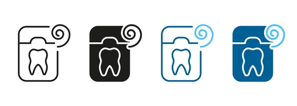 歯科用フロスラインとシルエットのアイコンセット 口腔医学 歯の治療 歯の衛生シンボル 歯のケア機器 きれいな口の色と黒のピクトグラム 絶縁ベクトルイラスト — ストックベクタ